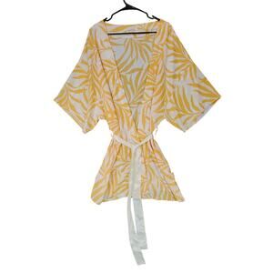 Maison Du‎ Soir Kimono Robe M L Women Short Cream Peach Leaves Silky Tie Waist